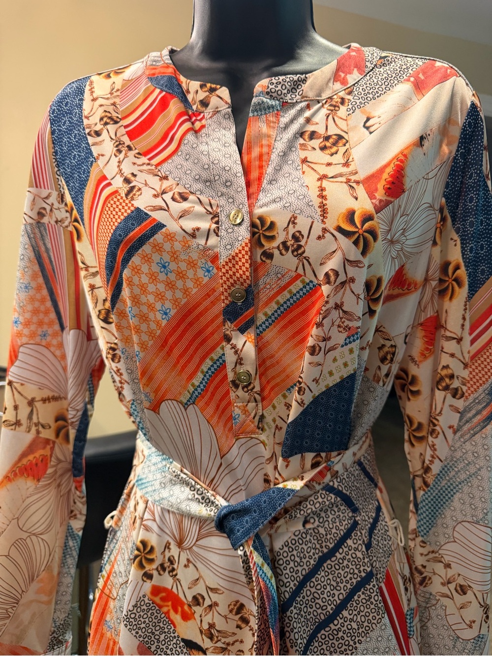 Etcetera Multicolor Floral & Geometric Long Sleeve Tunic Dress w Belt